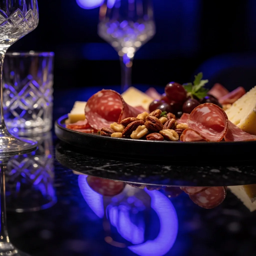 Bar snacks on dark board