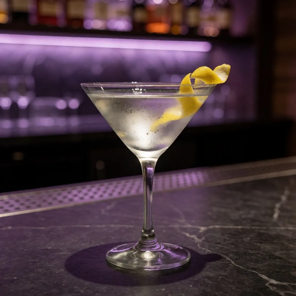 Gin martini on dark bar top