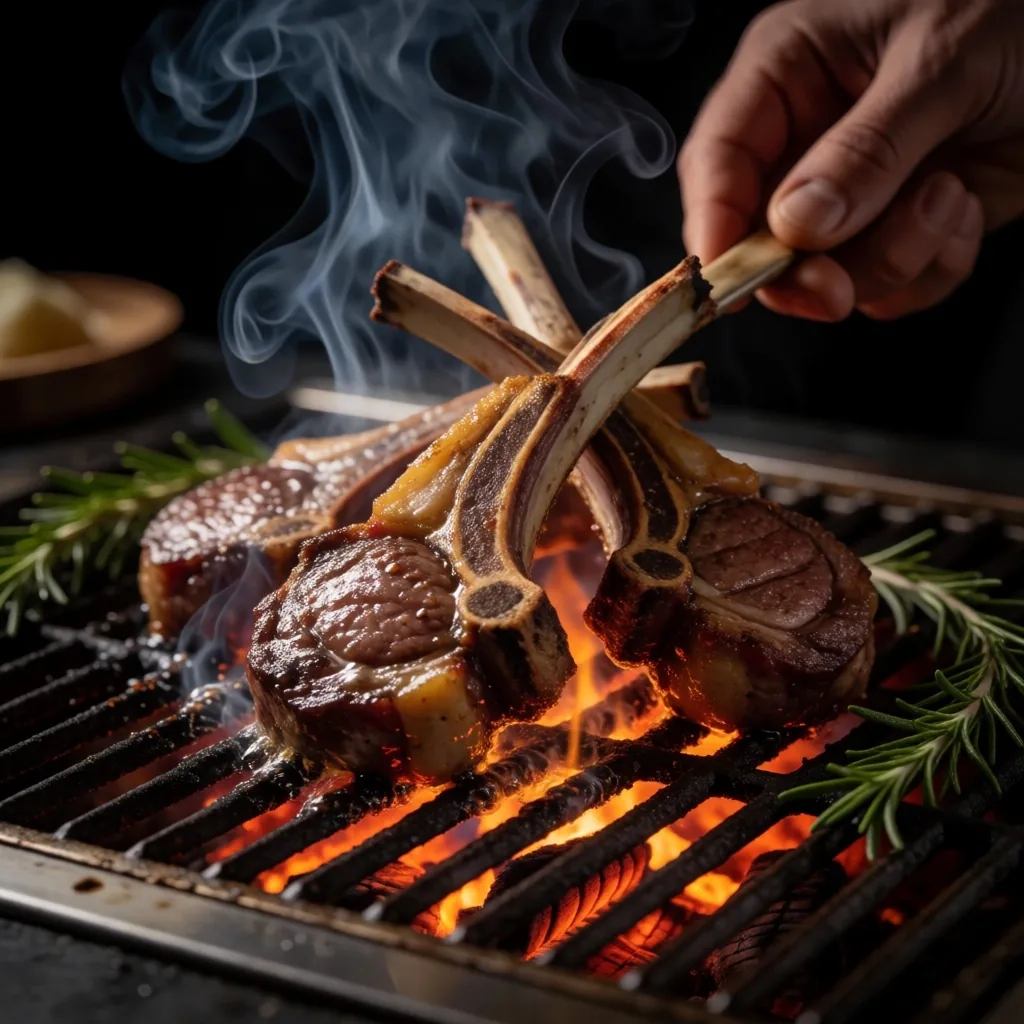 Wood-fired grill cooking lamb