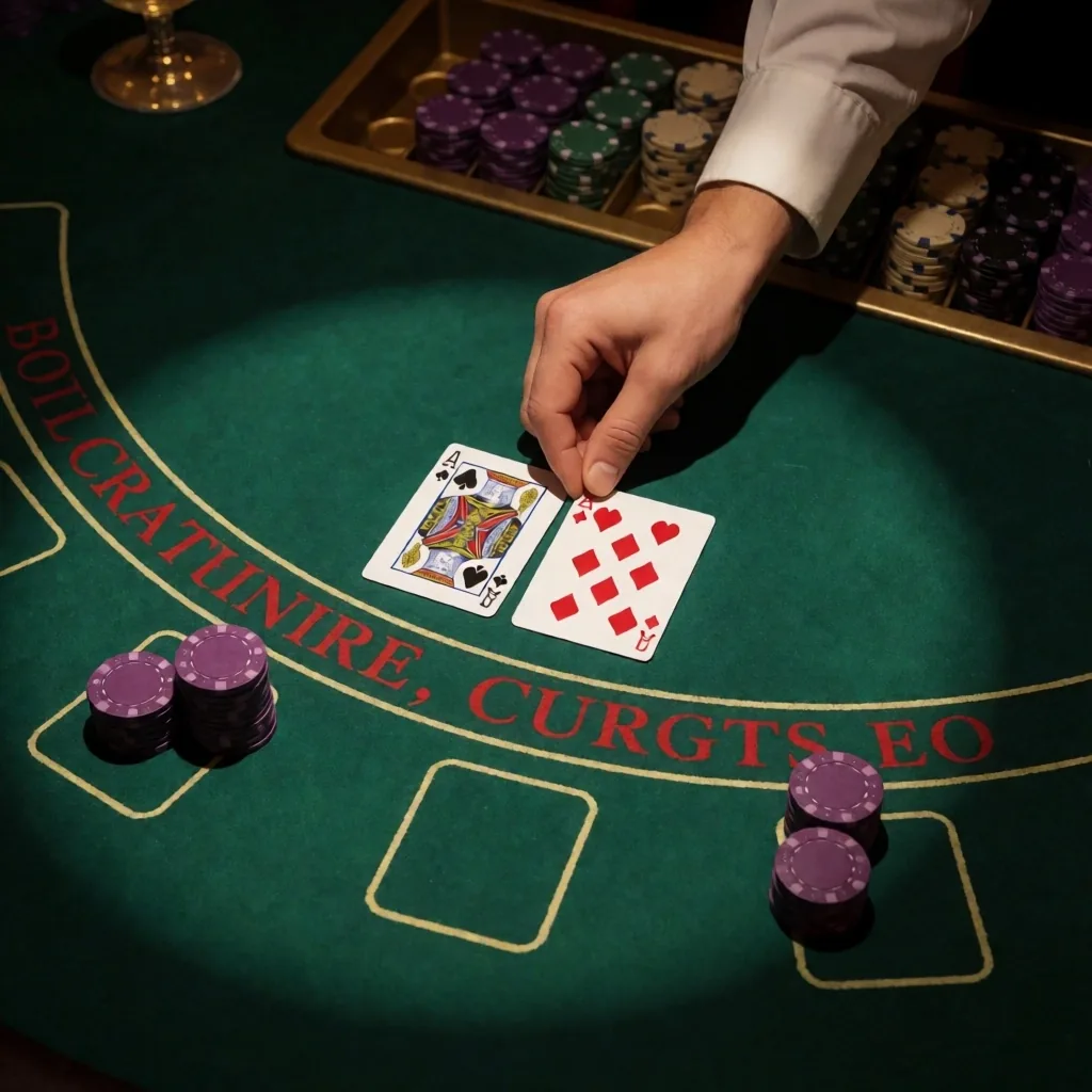 Blackjack table felt from above with cards being dealt