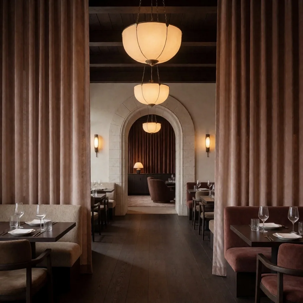Boutique hotel bar and dining area at night