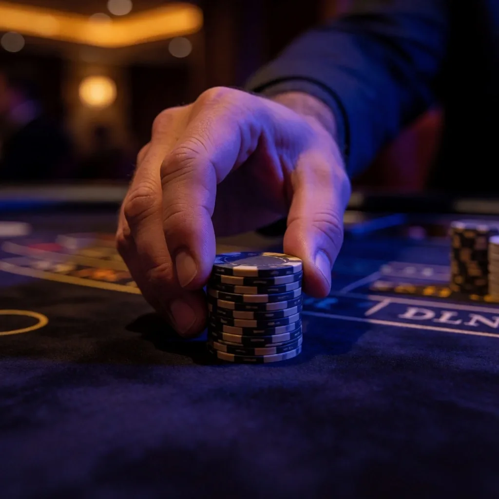 Casino chips stacked on a dark surface under neon light