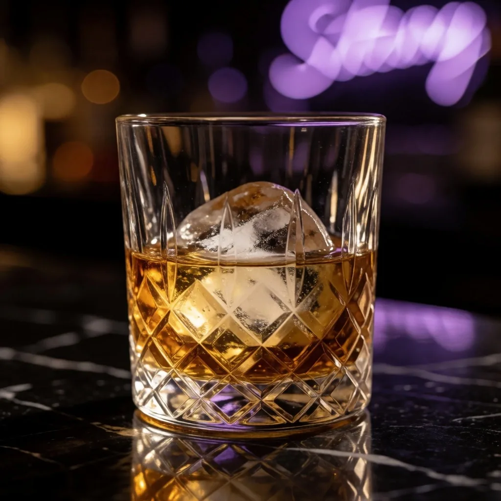 Crystal whisky glass with ice on a dark bar surface