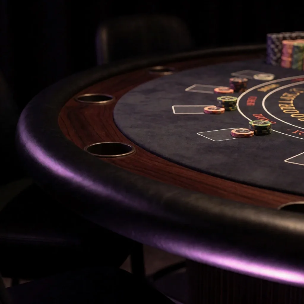 Gaming lounge interior with blackjack table and chips under neon light