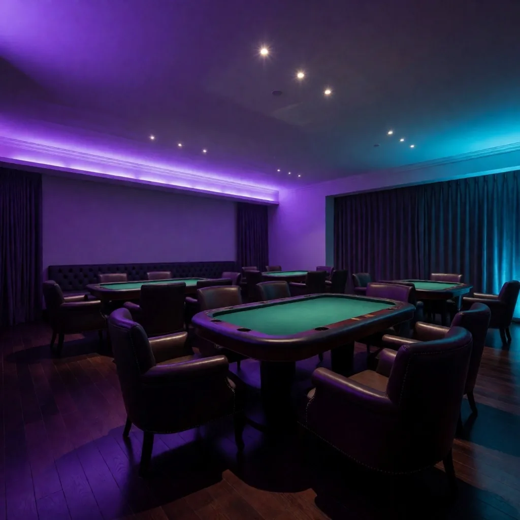 Gaming lounge interior with neon lighting and tables