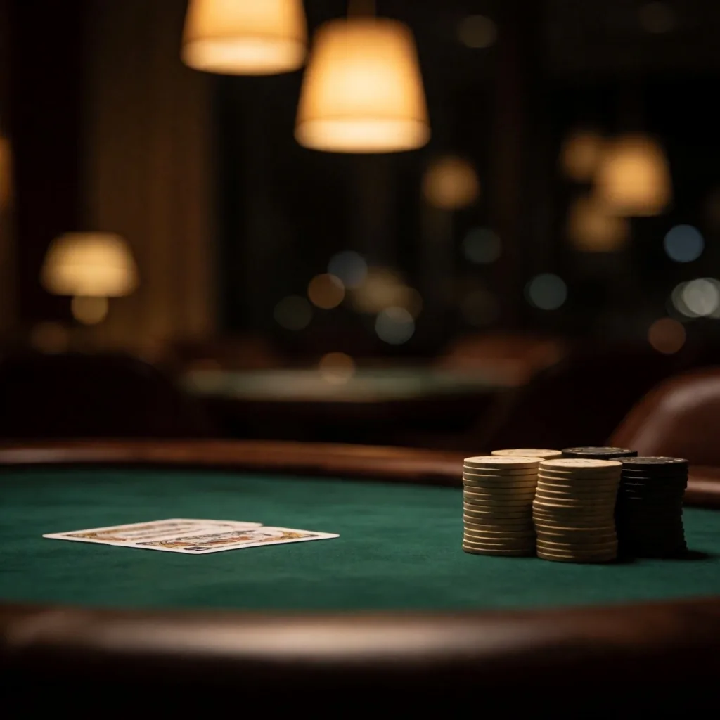 Quiet gaming table at evening's end with stacked chips and cards