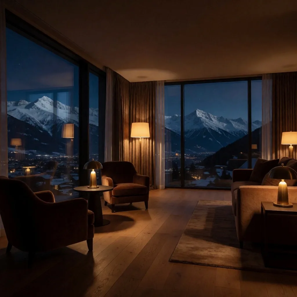 Alpine suite interior with mountain views under moonlight