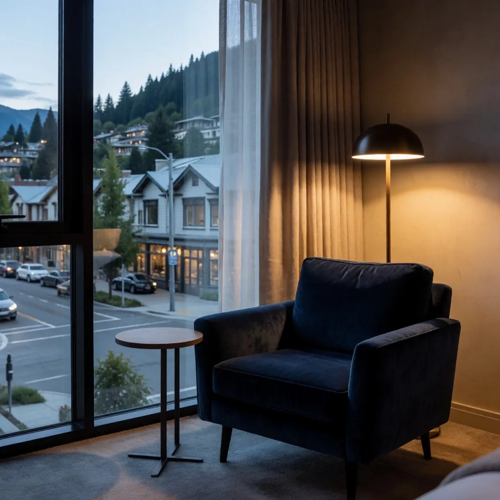 Seating area in suite with street views
