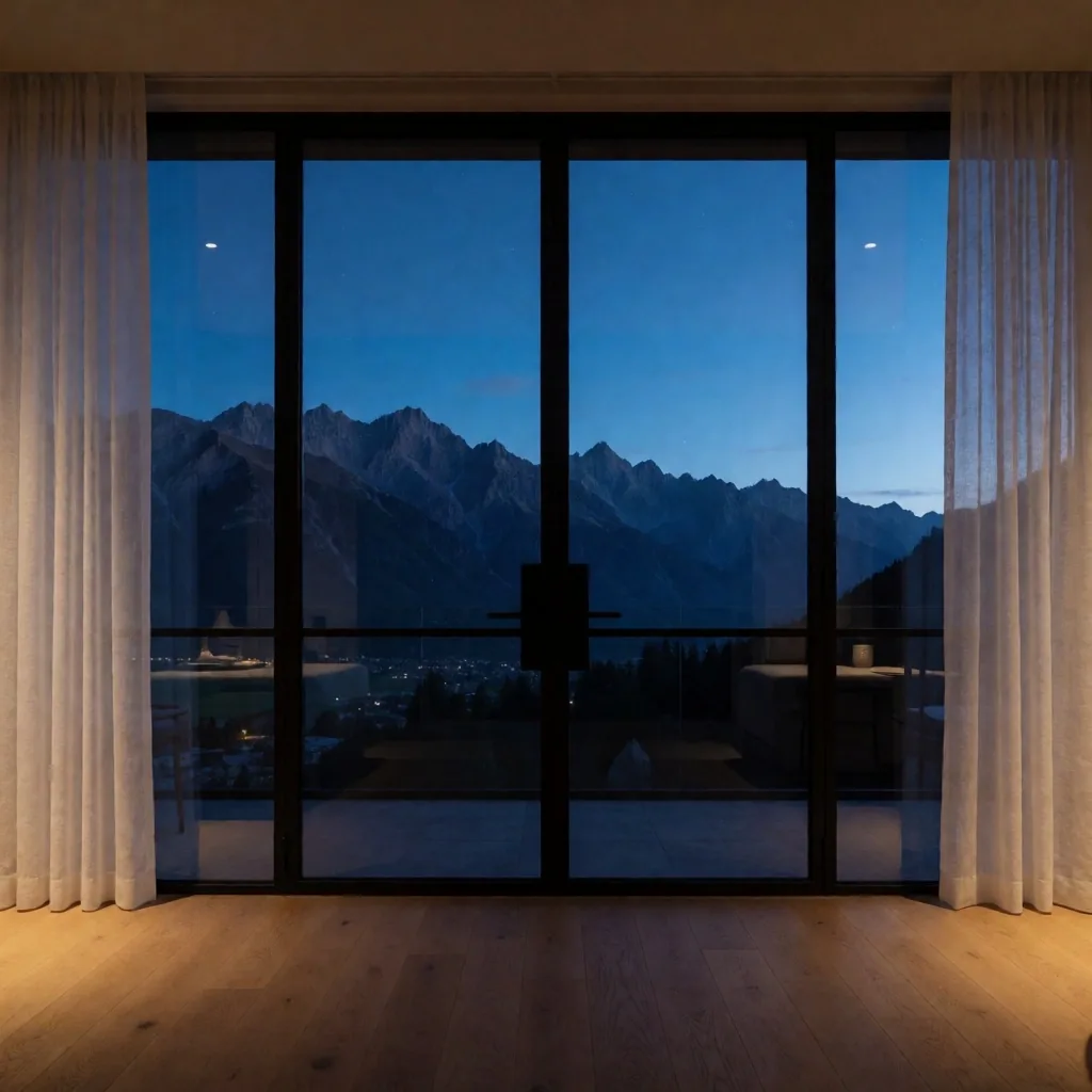 Suite window framing mountains at dusk
