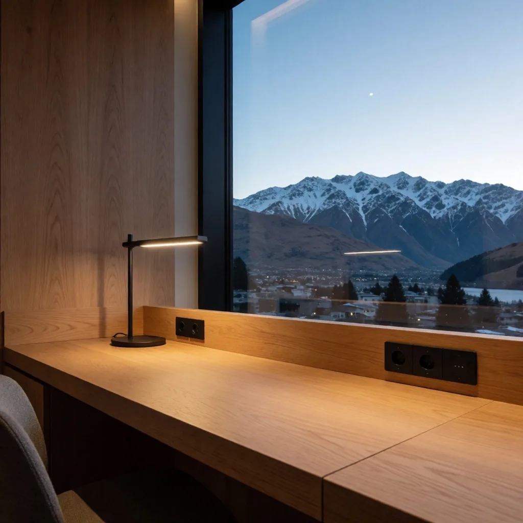 Workspace with charging ports and mountain view