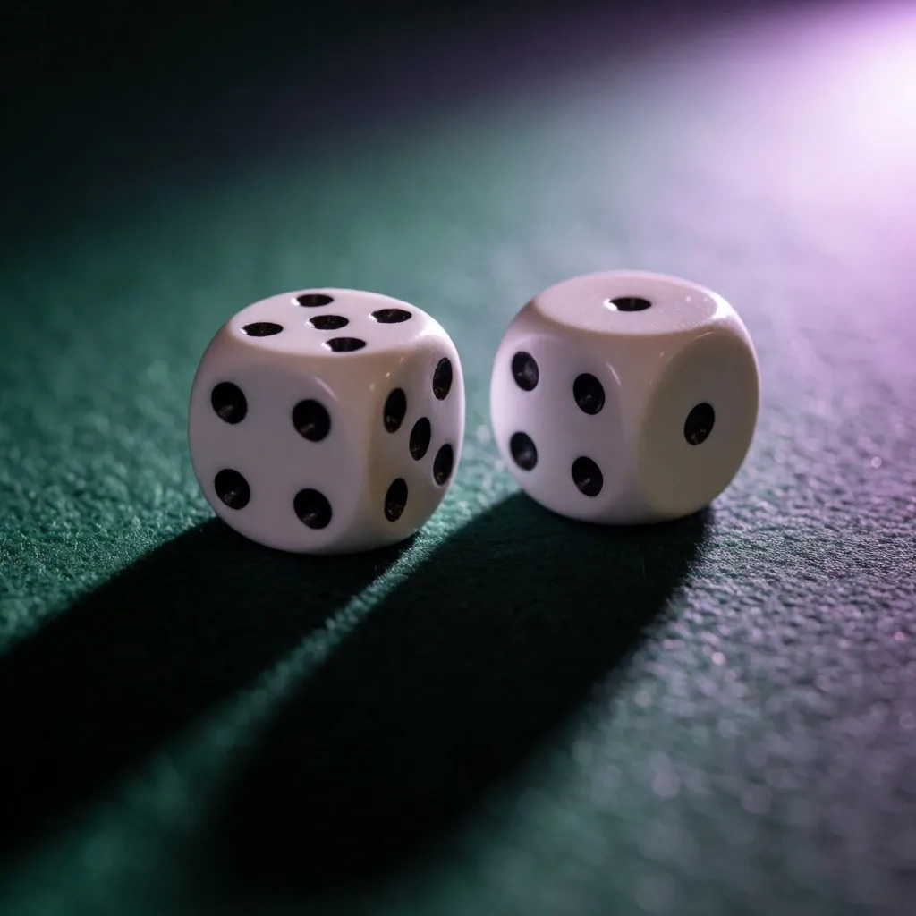 Casino dice on green baize with dramatic side lighting