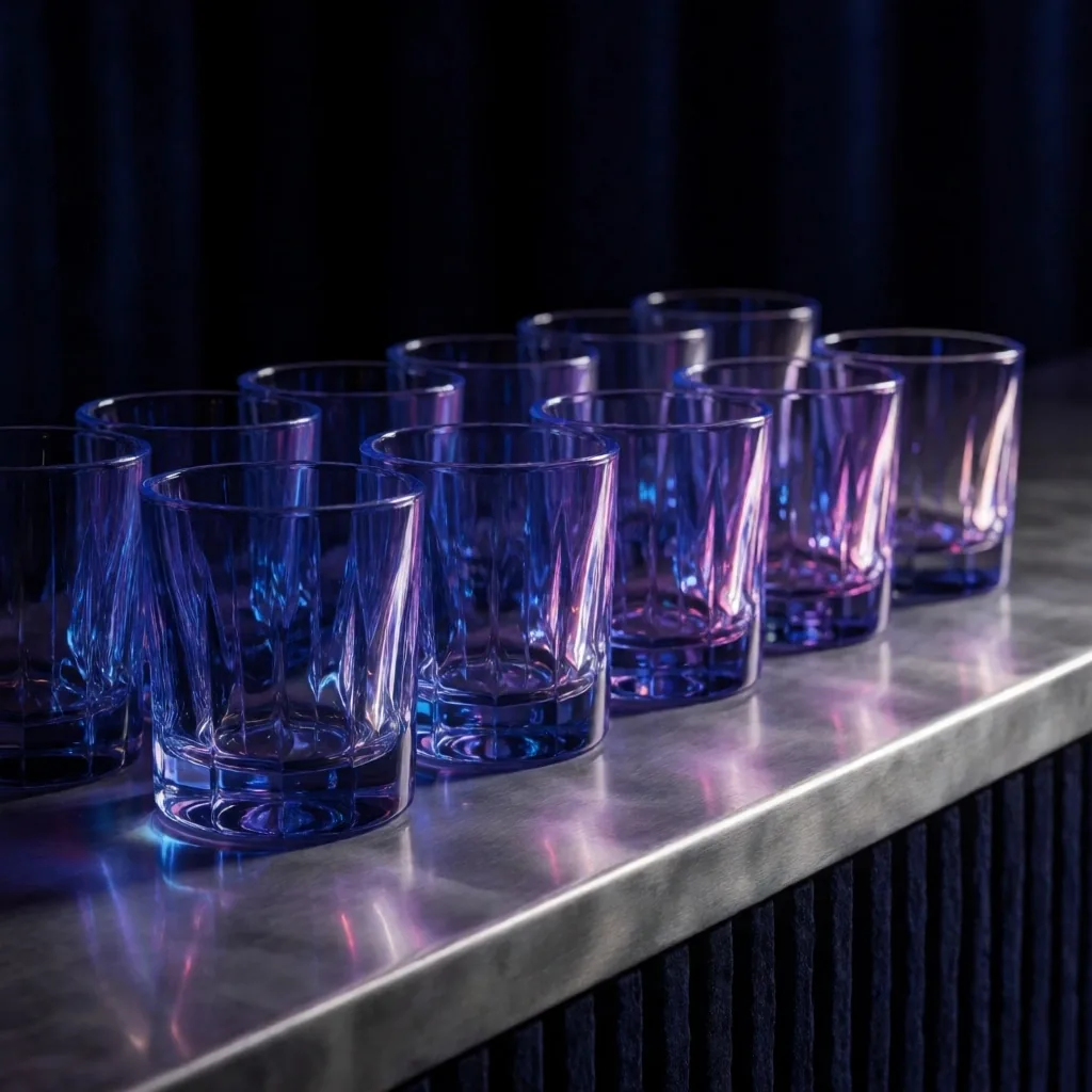 Crystal whiskey glasses on a polished steel bar with violet neon reflections