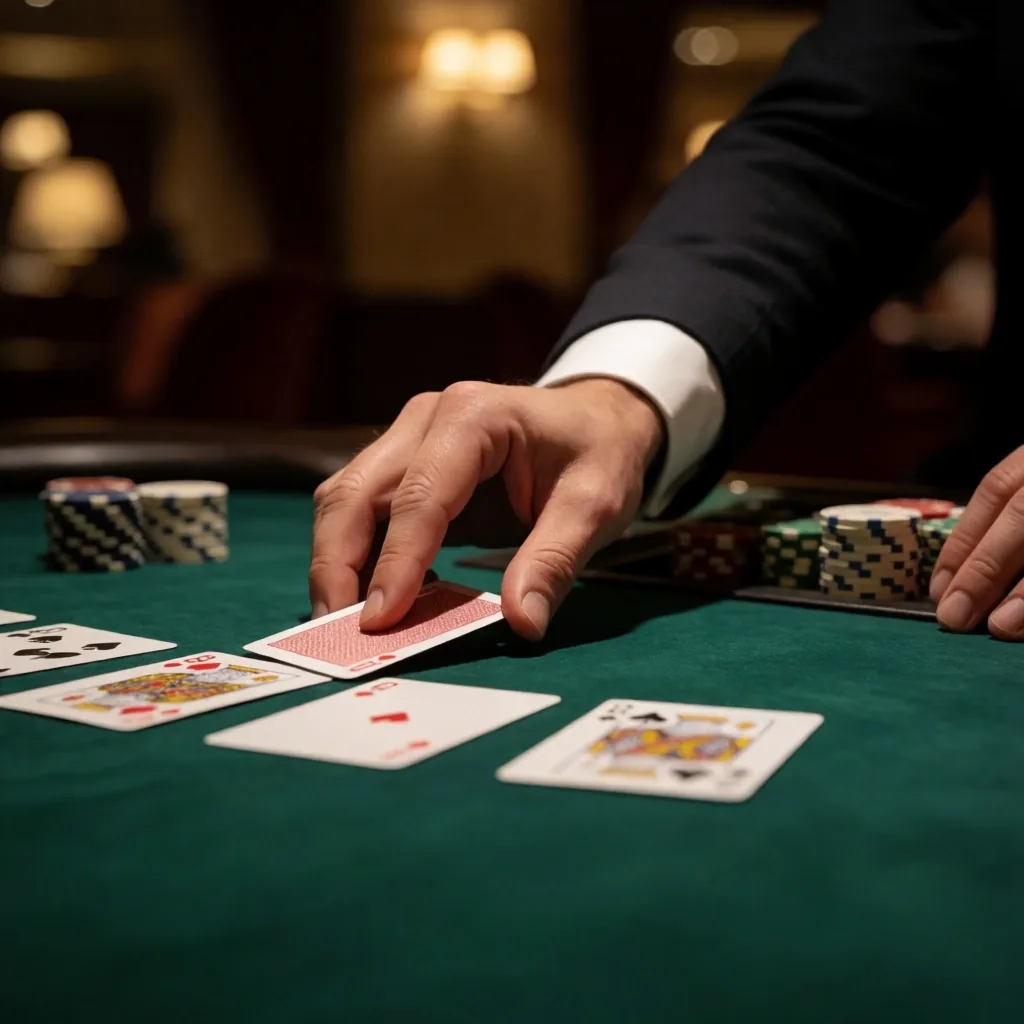 Dealer's hands dealing cards on green baize table in the Rosemont Haven gaming lounge