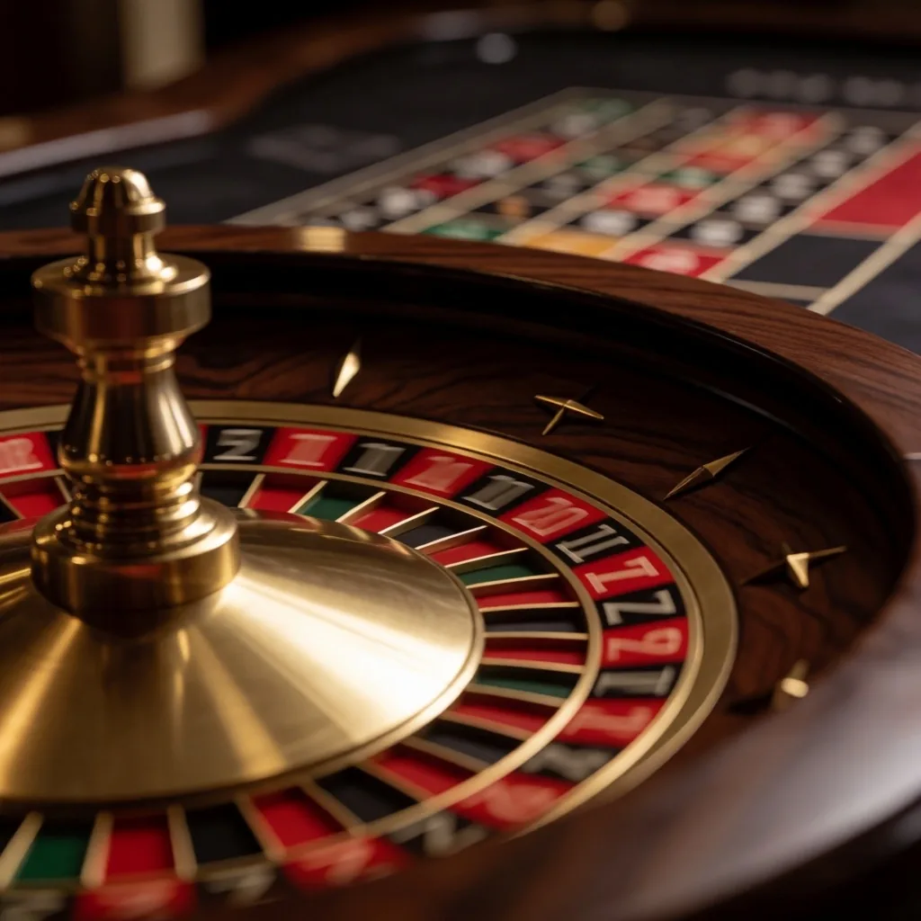 Roulette wheel close-up with golden ball under spotlight