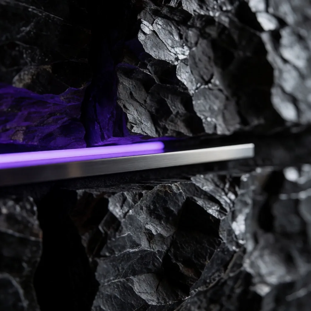 Schist stone wall texture with violet neon accent lighting