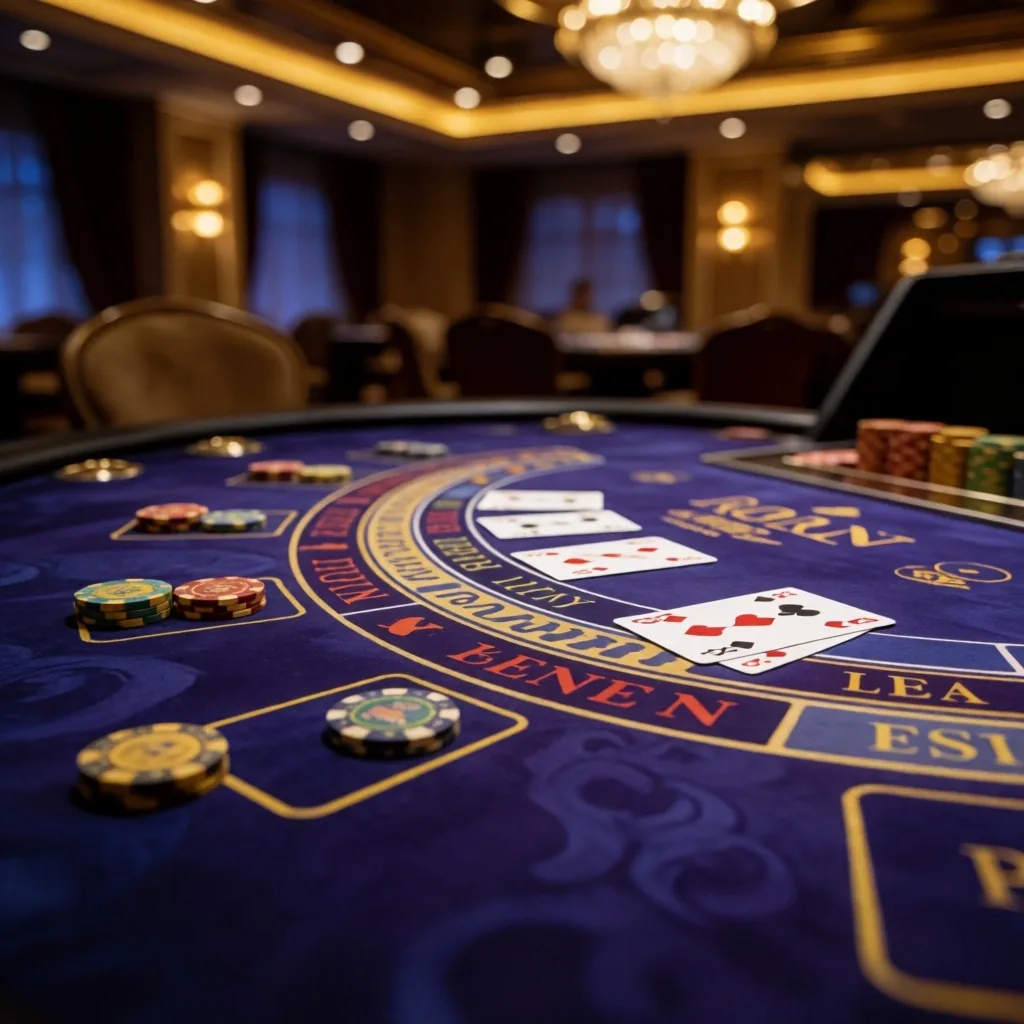Cards and chips on a casino felt table under low lounge lighting