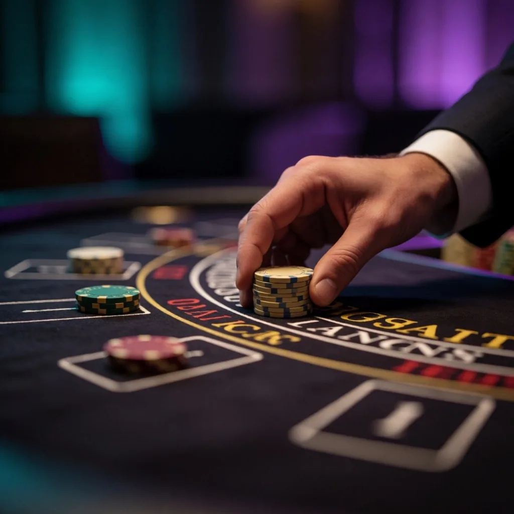 Blackjack table felt with cards and chips