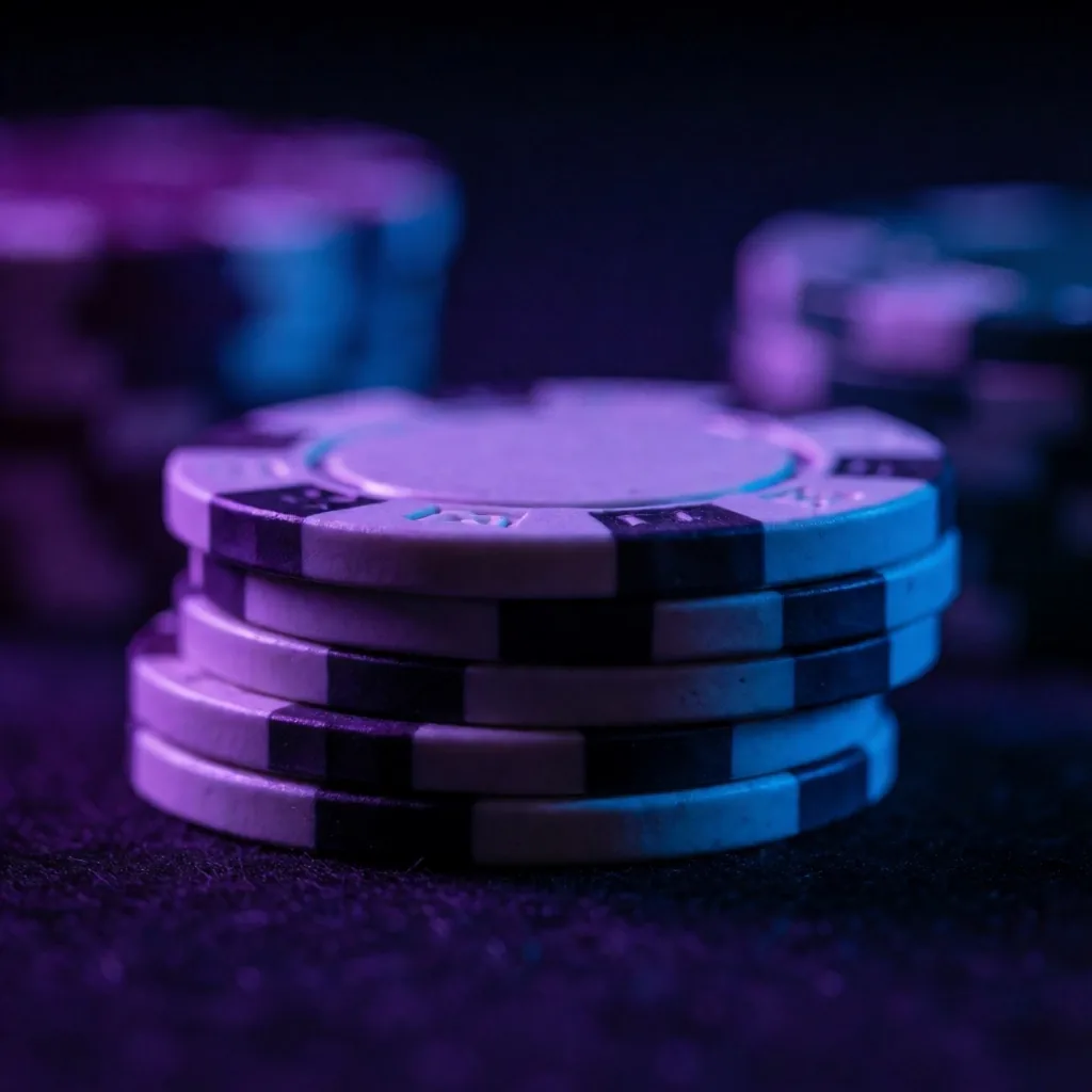 Casino chips on a gaming table under violet light