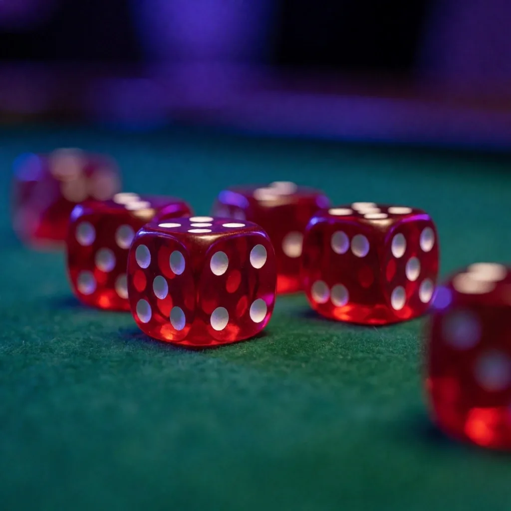 Gaming dice on felt under atmospheric light