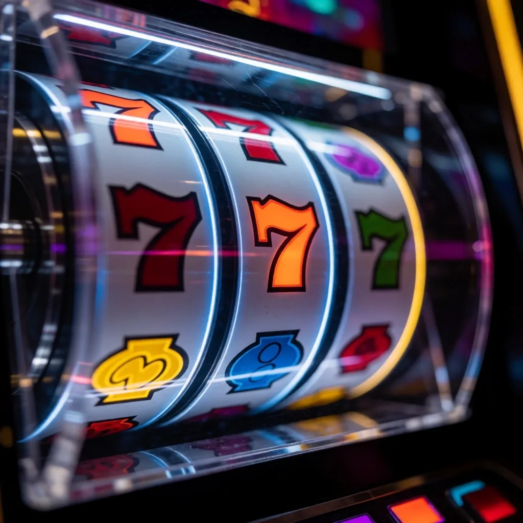 Slot machine reels with neon reflections