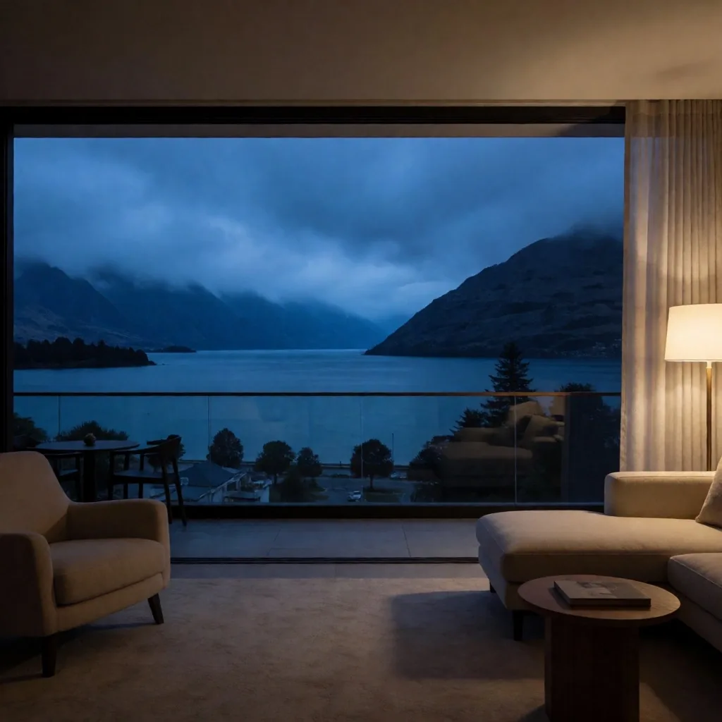 Boutique suite with mountain view at dusk