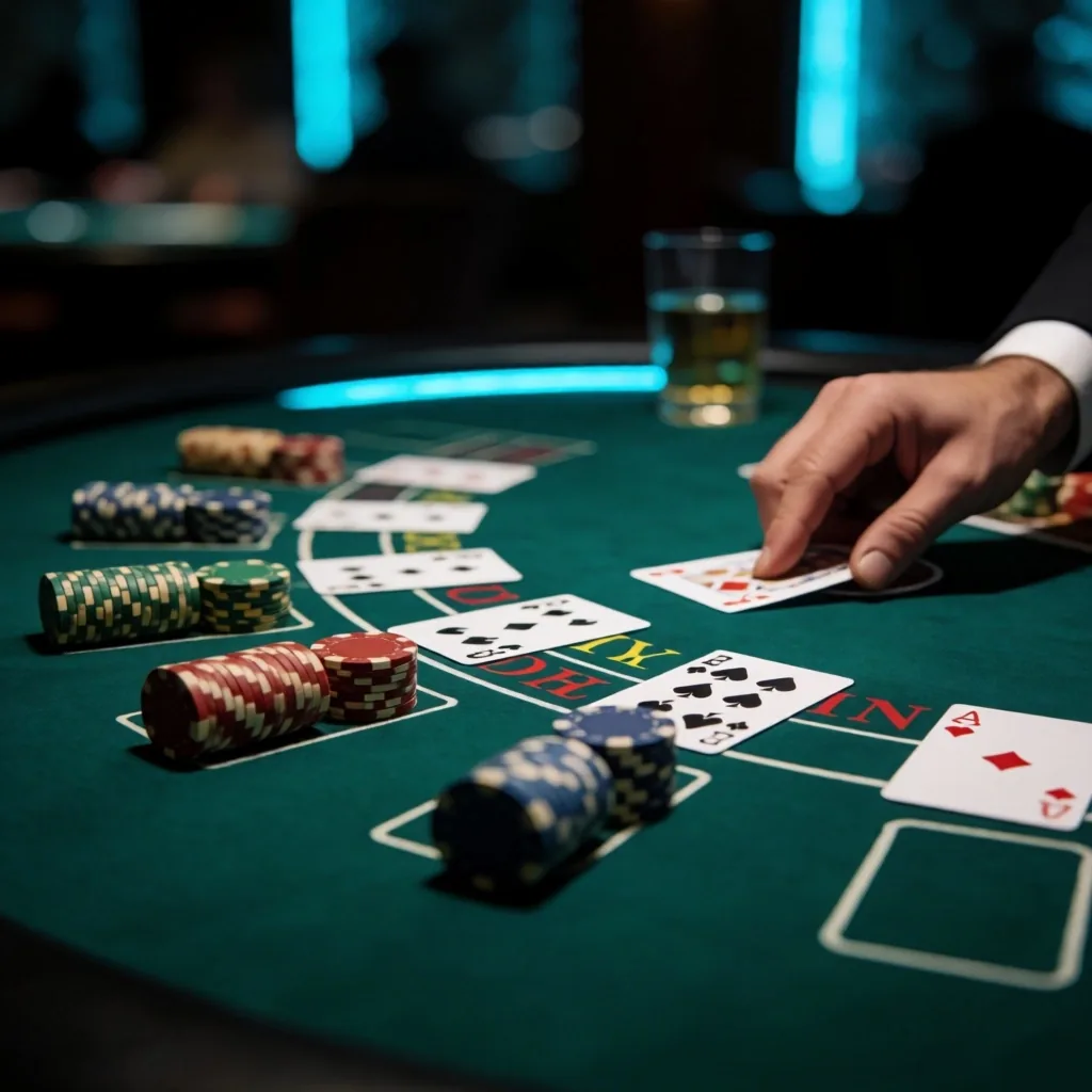 Casino table felt with chips and cards under cool light