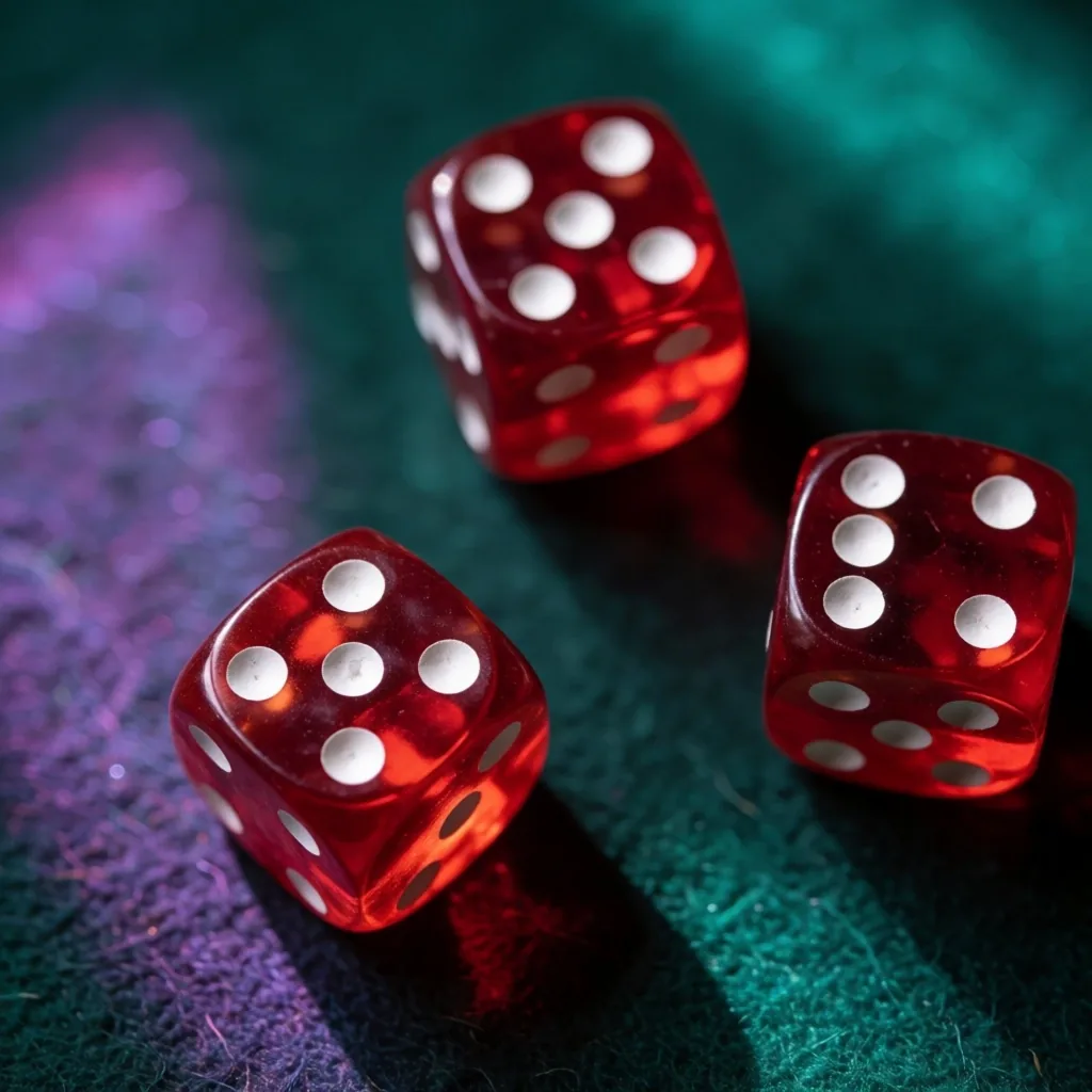 Casino dice on green felt seen from above