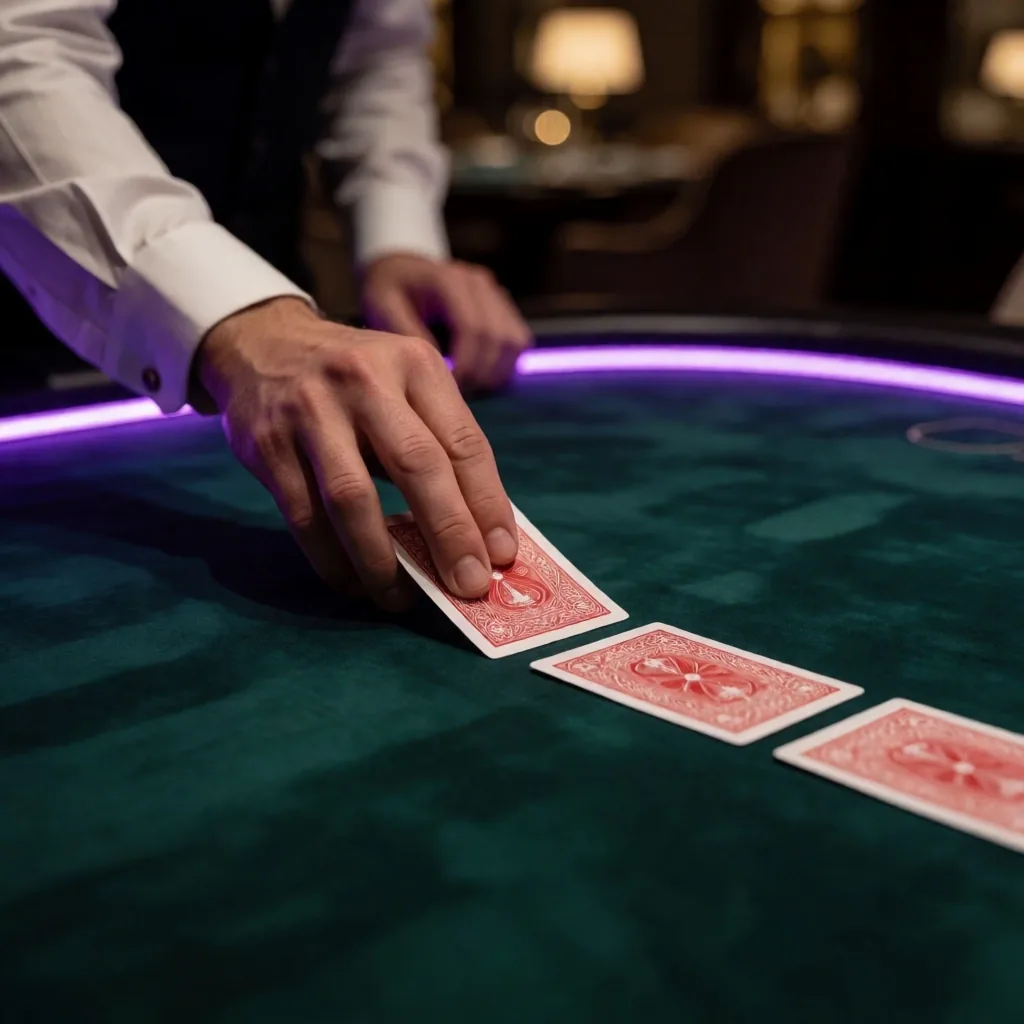 Dealer hands placing cards on gaming table felt