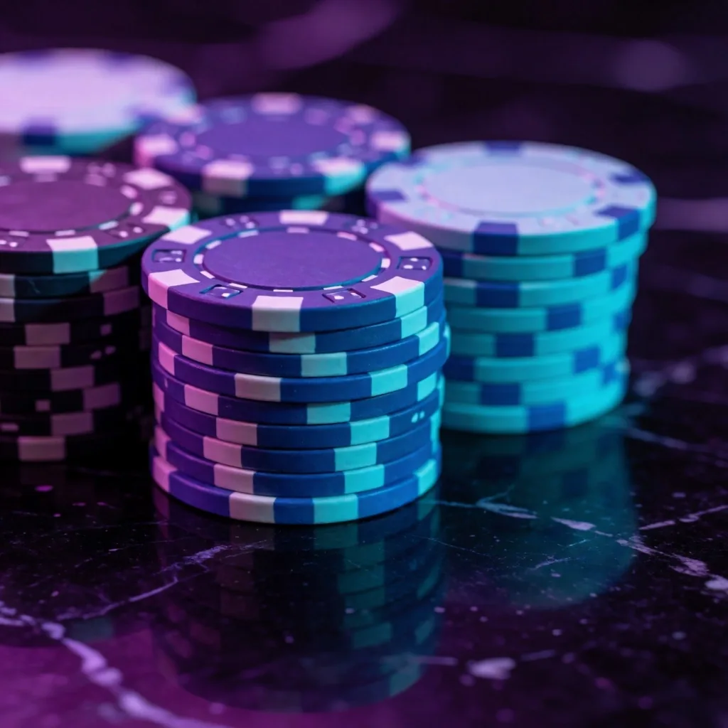 Stacked casino chips in violet and cyan on a dark surface